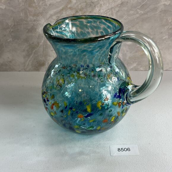 Mexican Hand Blown Glass Art Pitcher Turquoise Multi-Color Confetti 8.5" - Picture 16 of 16